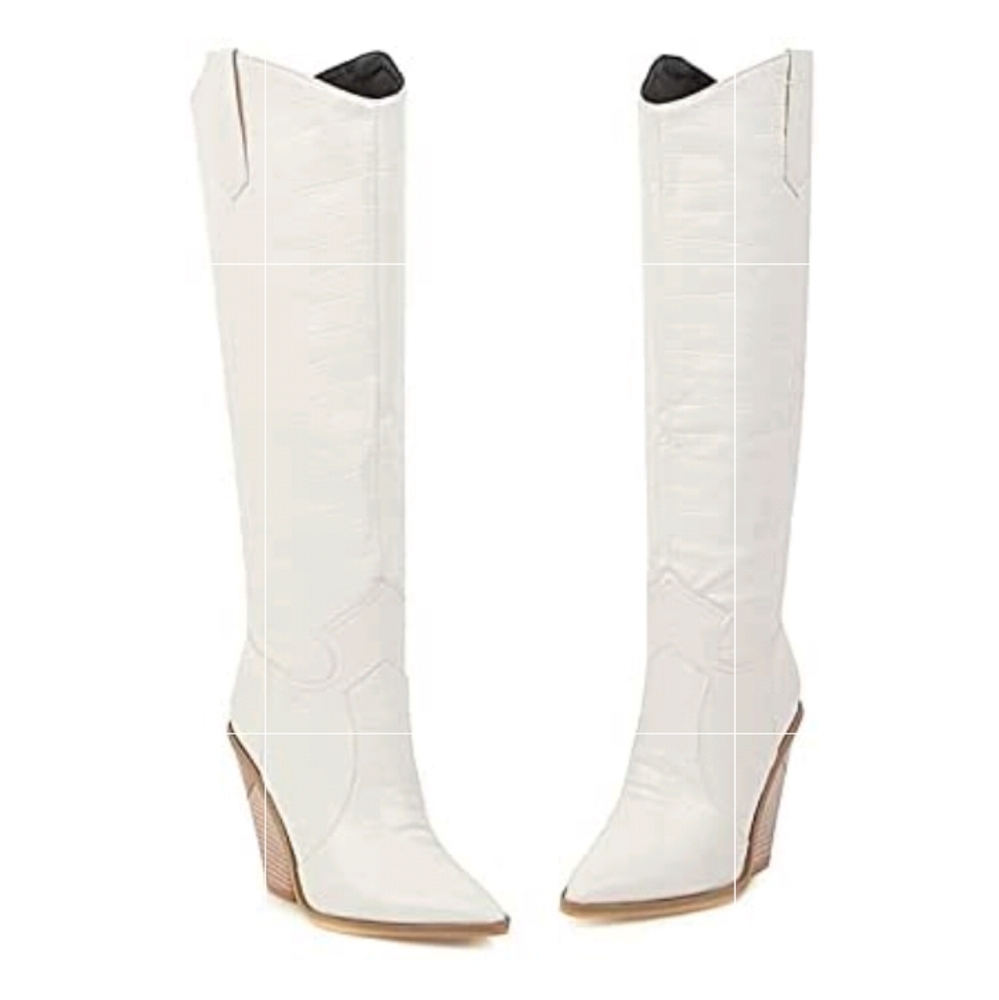 Women's White Knee-High Wedge-Heel Boots